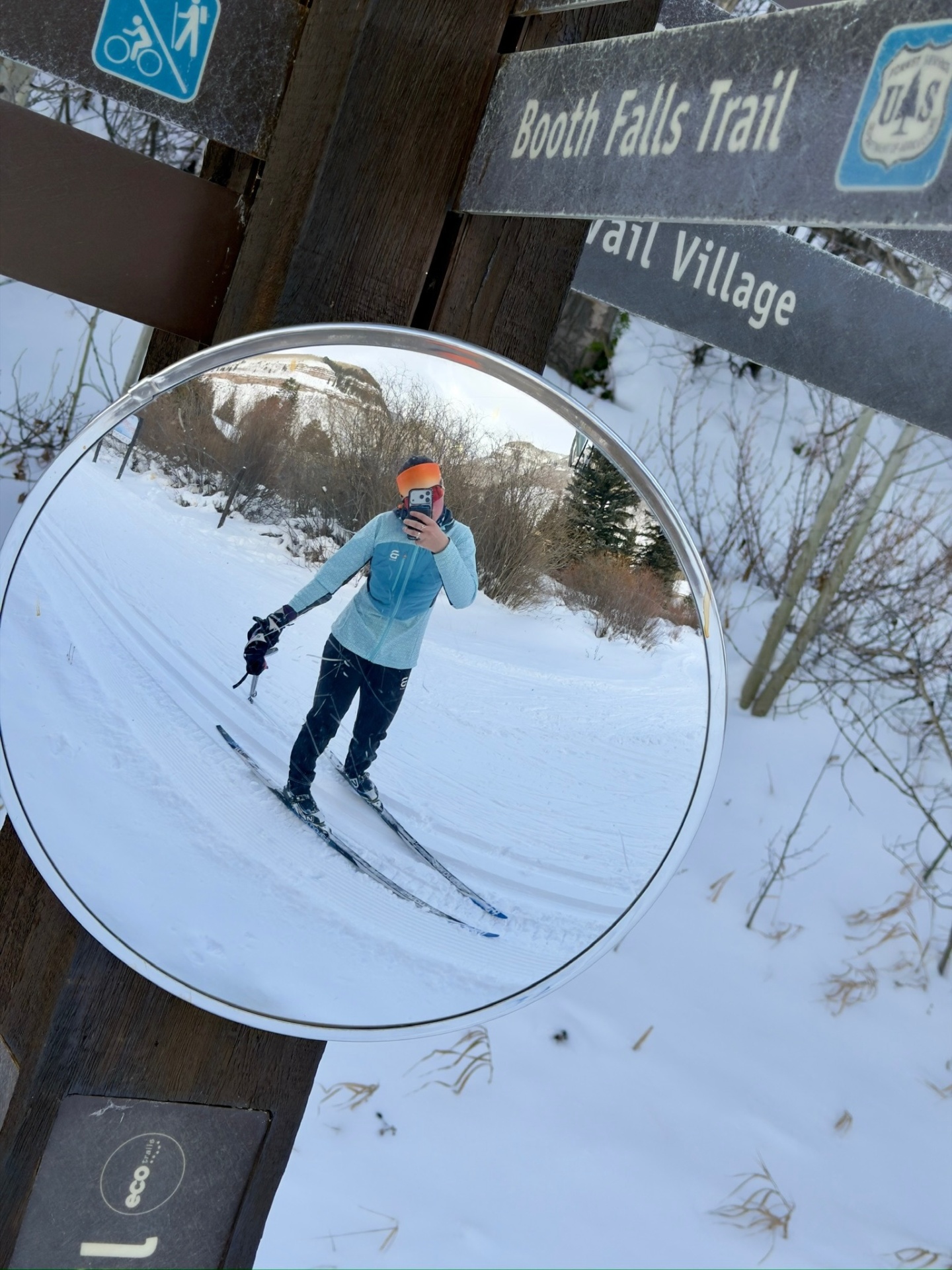 Mirror selfie of Bayli cross-country skiing on the Booth Falls Trail in Vail