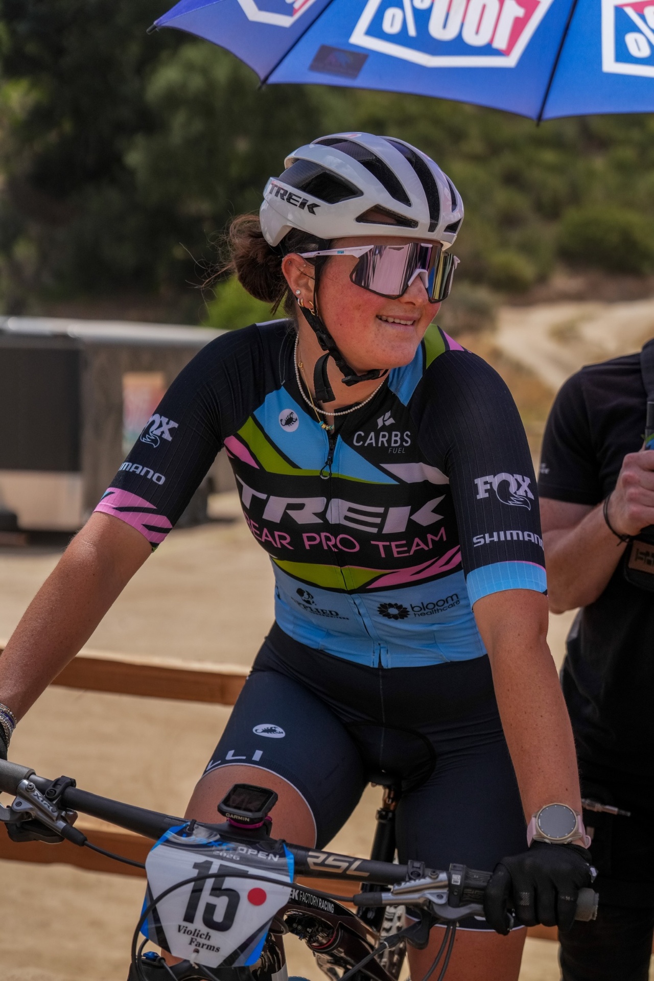Bayli on the start line in Trek Bear Pro Team kit at the XC Open, bib #15
