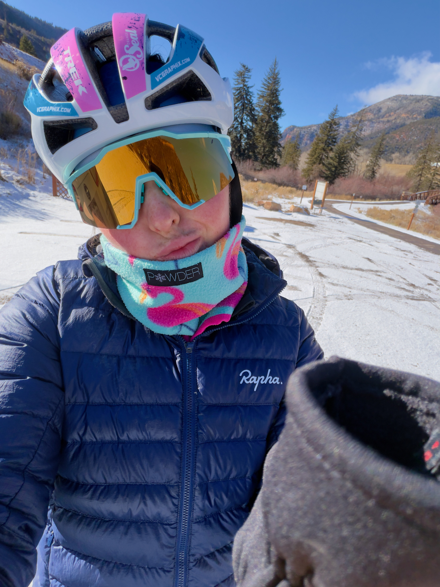Winter ride selfie in Trek helmet and Rapha jacket