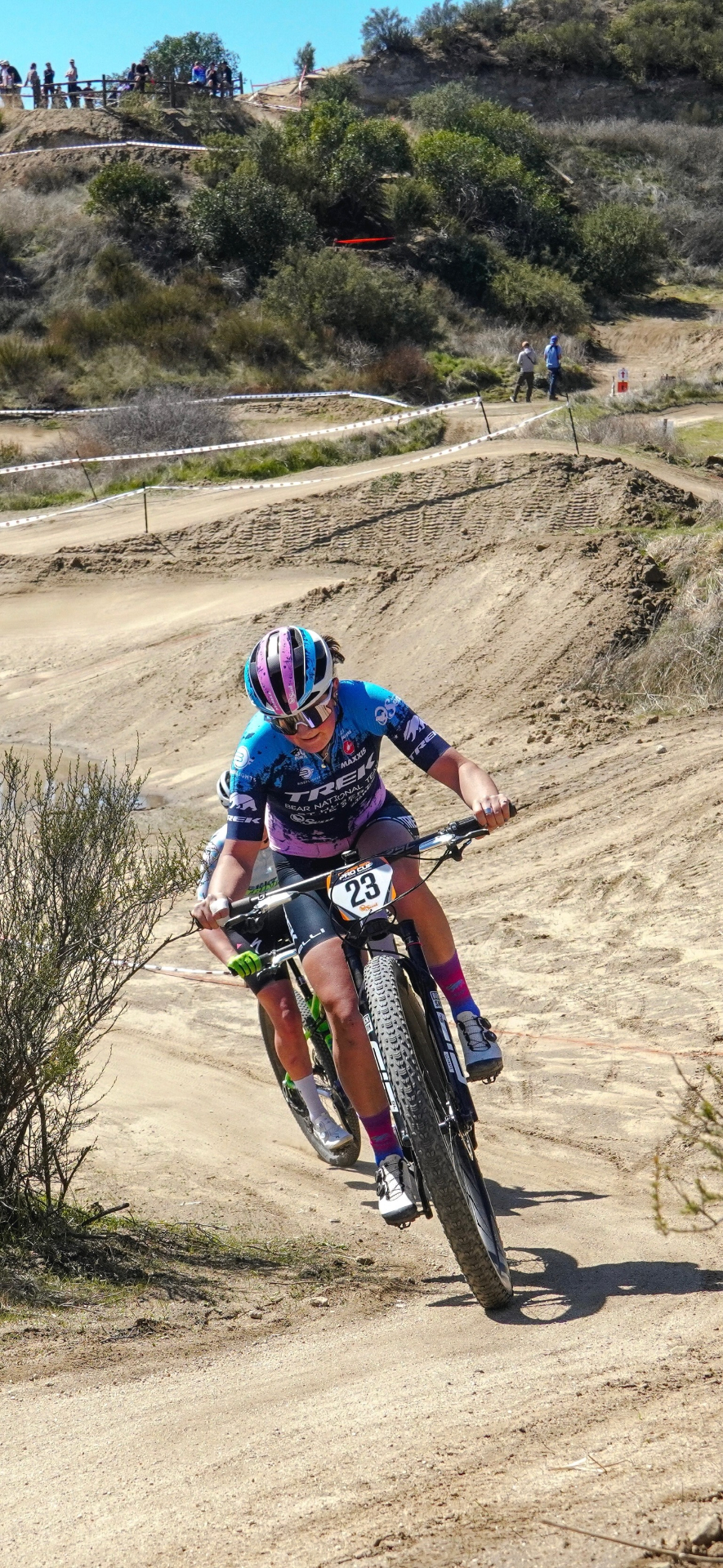 Bayli racing #23 in Bear National Team kit through a sandy US Pro Cup course